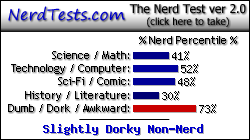 NerdTests.com says I'm a Slightly Dorky Non-Nerd.  Click here to take the Nerd Test, get geeky images and jokes, and write on the nerd forum!