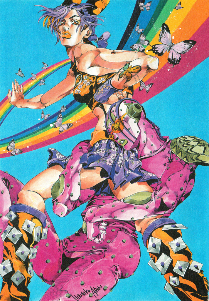 An illustration of Jolyne Kujo and her Stand, Stone Free, by Hirohiko Araki. Jolyne is colored with orange and purple, while Stone Free is pink, purple, and green. There are many butterflies and a rainbow behind them.